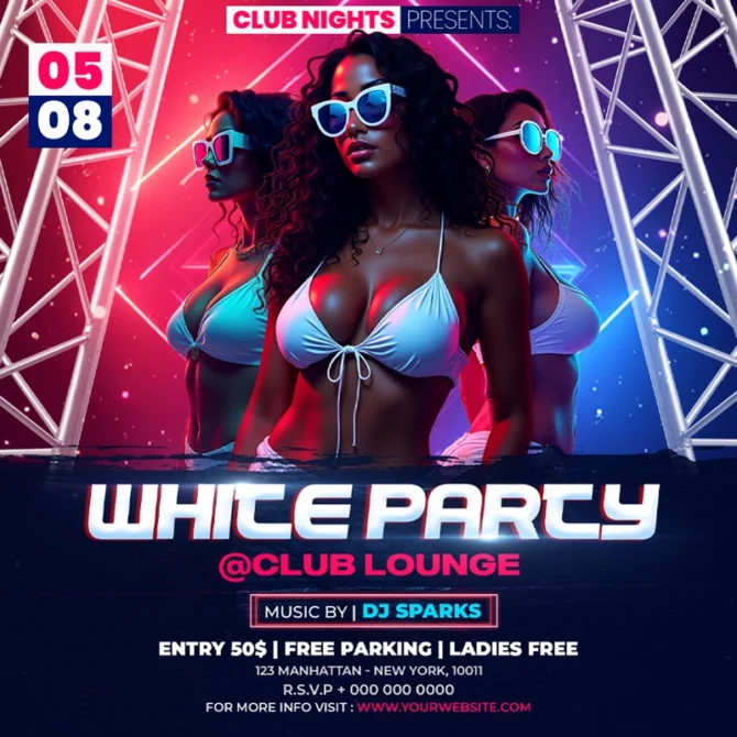 Flyer Template White Party, After Work Flyer Templates, Canva Club Flyer, Creative Flyer, Canva Flyers, Cheap Club Flyers, Club Flyers, Club Flyers for Events, Club Party Flyer Template, Club Party Flyers, clubflyers, Colorful Night Club Flyer, Editable Flyer Templates, Party Flyer Template, Flyer Designs, Template Flyer, Elegant Flyer, Flyer Template, Flyers for Clubs, Graphic Designer, Mixtape PSD, Neon Club Flyer Templates, nightclub Party Flyer, NYC Club Flyers, Postermywall Flyer, Social Media Club Flyer